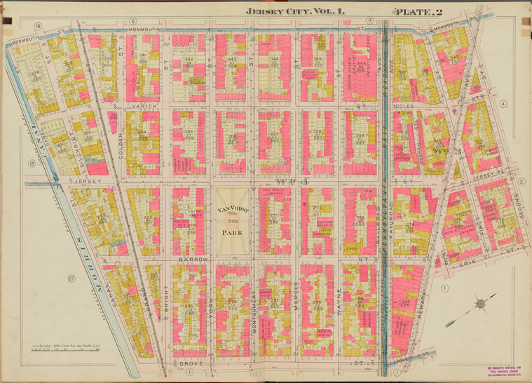 Hudson County, V. 1, Double Page Plate No. 2 [Map bounded by Monmouth St., 2nd St., Grove St., Morris Canal]