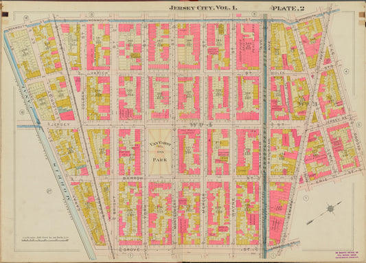 Hudson County, V. 1, Double Page Plate No. 2 [Map bounded by Monmouth St., 2nd St., Grove St., Morris Canal]