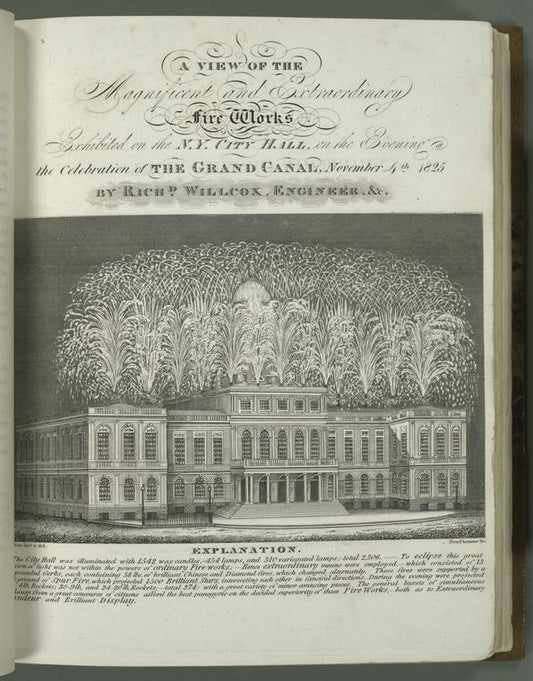 A view of the magnificent and extraordinary fire works exhibited on the N.Y. City Hall, on the evening of the celebration of the Grand Canal, November 4th, 1825.