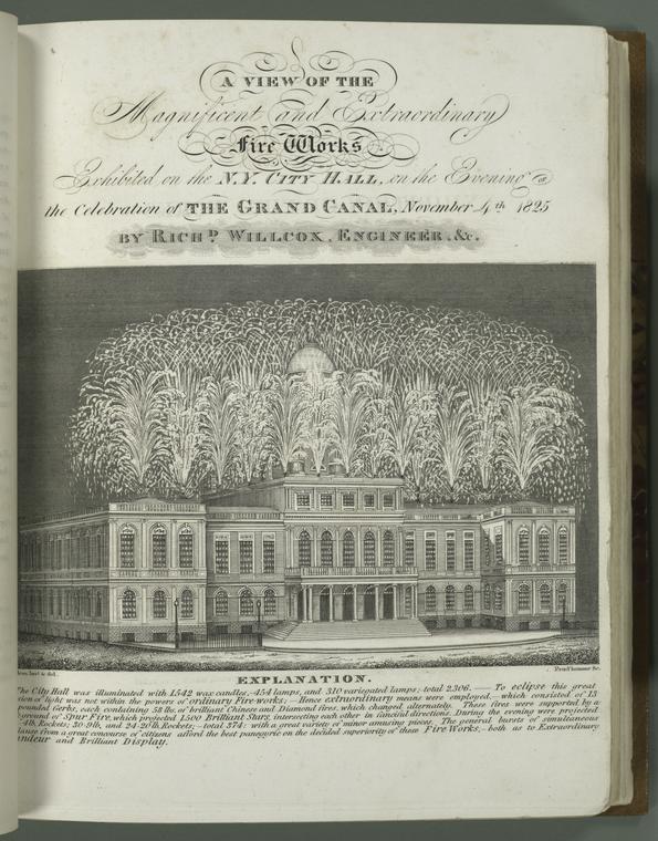A view of the magnificent and extraordinary fire works exhibited on the N.Y. City Hall, on the evening of the celebration of the Grand Canal, November 4th, 1825.