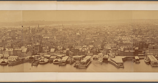 Panoramic view of Manhattan, showing Brooklyn Bridge under construction