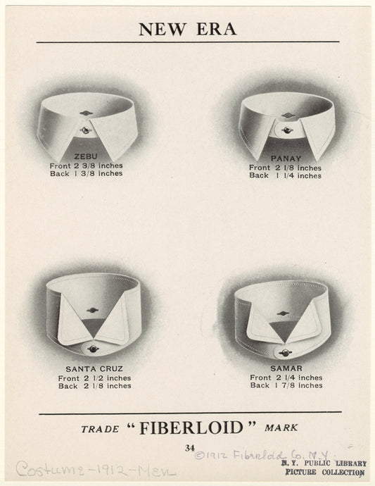 Various styles of men's "Fiberloid" collars, 1910s