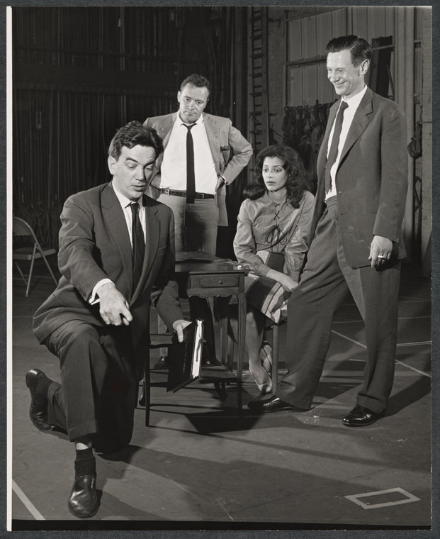 Alexander MacKendrick, Jack Lemmon, Ellen Holly and James Donald in rehearsal for the stage production Face of a Hero