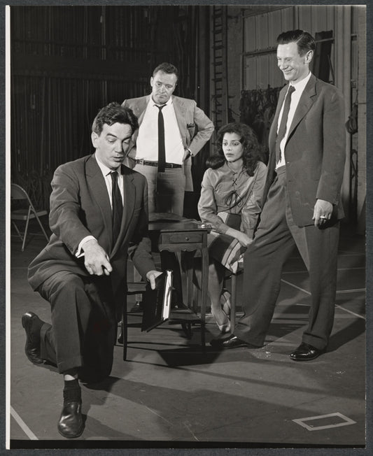 Alexander MacKendrick, Jack Lemmon, Ellen Holly and James Donald in rehearsal for the stage production Face of a Hero