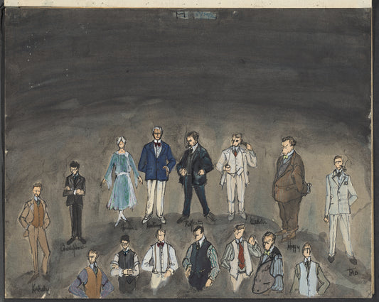 Ink and watercolor sketch of various characters for the stage production The Gang's All Here