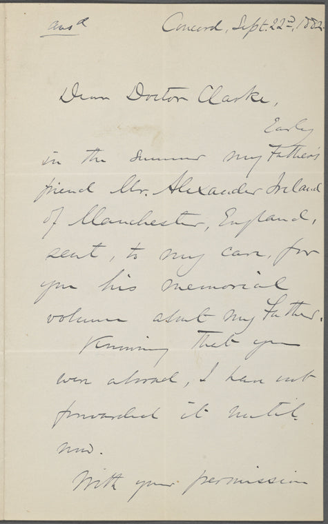 Edward Waldo Emerson, ALS to [Rev. James Freeman] Clarke. Sep. 22, 1882