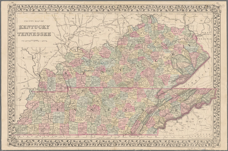 County map of Kentucky and Tennessee