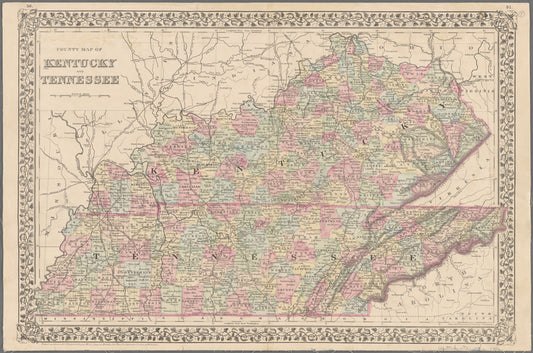County map of Kentucky and Tennessee