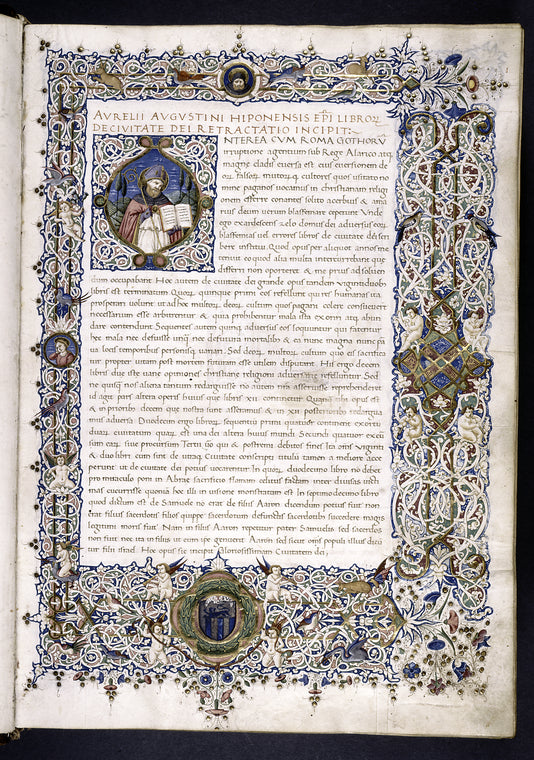 Opening of text, with historiated initial, white vinestem border with cherubs and portraits, coat of arms (unidentified), Roman capitals
