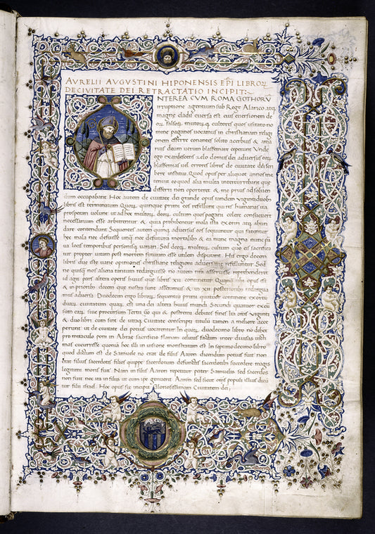 Opening of text, with historiated initial, white vinestem border with cherubs and portraits, coat of arms (unidentified), Roman capitals