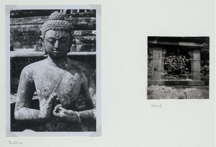 Borobudur - General: One of the Buddhas in dharmachakra mudra from the perforated dagobas on the upper circular terraces ; Relief from balustrade, showing children riding upon a sea turtle, (from Jakarta tales?)