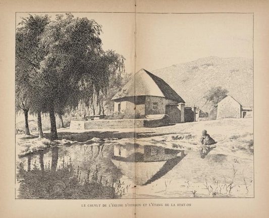 Le chevet de l'église d'Hermon et l'étang de la station.