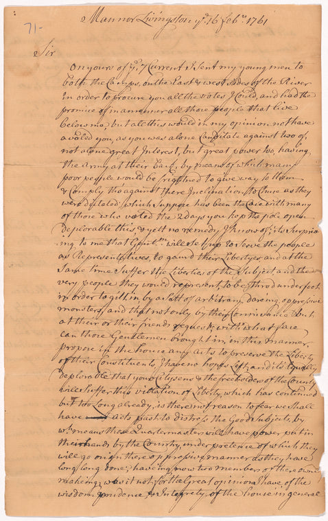 Livingston, Robert, Junr., addressed to Mr. Abraham Yates, Junr., merchant at Albany