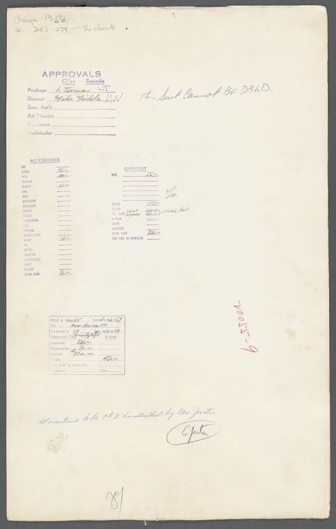 Costume design and swatch [Anne Bancroft, 'At the wedding'] for the motion picture The Graduate