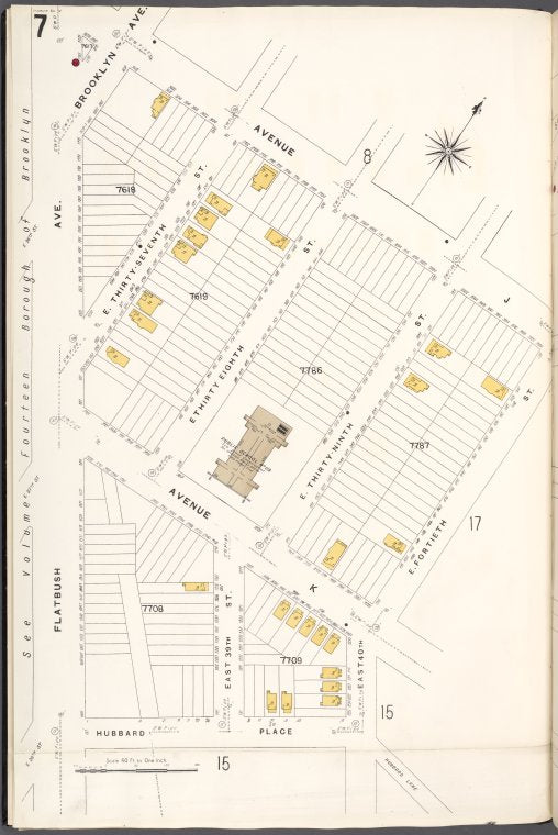 Brooklyn V. 15, Plate No. 7 [Map bounded by Avenue J, E.40th St., Hubbard Pl., Flatbush Ave.]