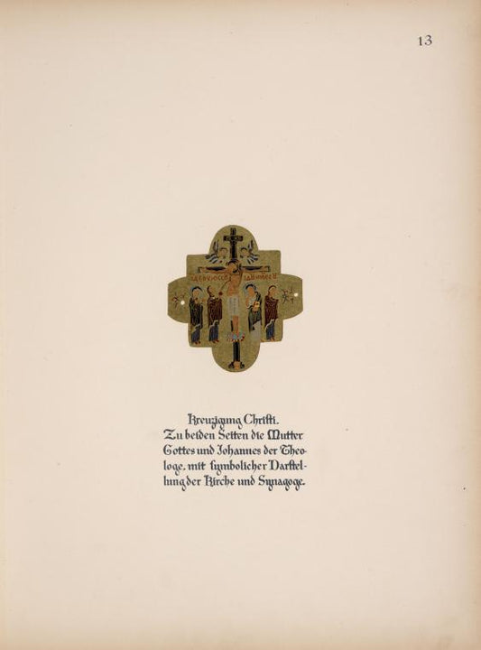 Kreuzigung Christi. Zu beiden Seiten die Mutter Gottes und Johannes der Theologe, mit symbolicher Darftelung der Kirche und Synagoge.