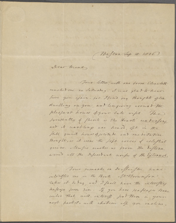 Alcott, A[mos] Bronson, ALS, to SAPH. Sep. 12, 1836.