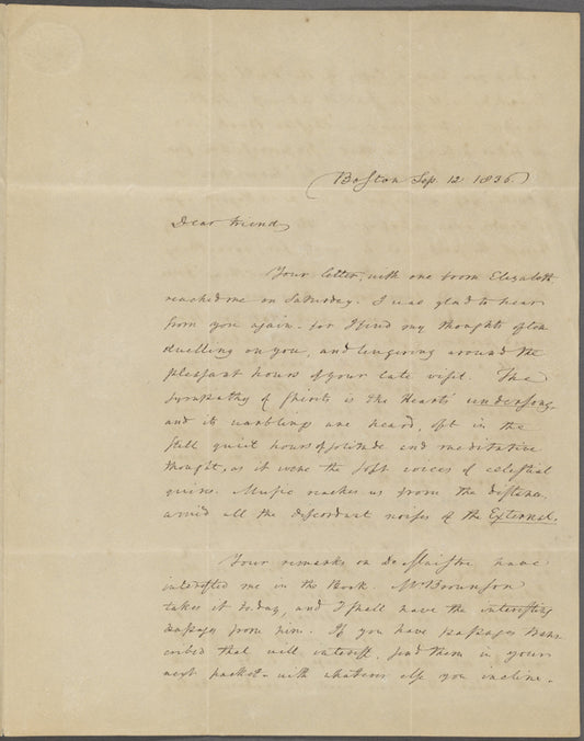 Alcott, A[mos] Bronson, ALS, to SAPH. Sep. 12, 1836.