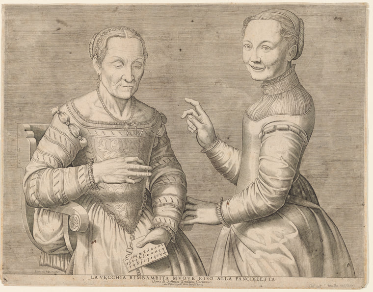 Young girl laughing at the old woman