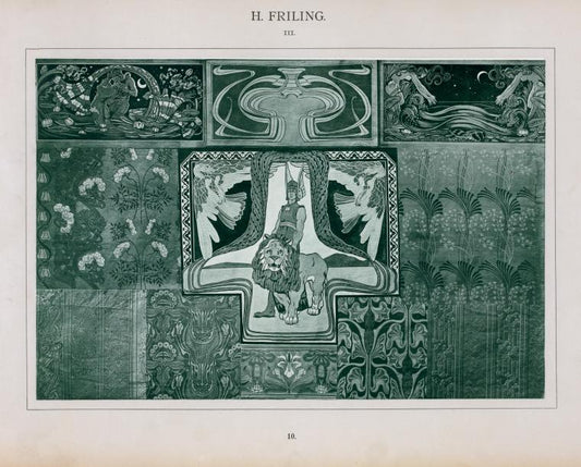 Plant forms, lovers, female figures, birds, man with lion