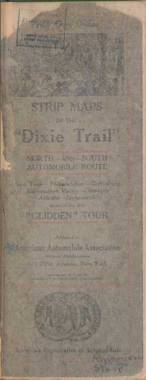 Strip maps of the "Dixie trail" north and south automobile route: New York-Philadelphia-Gettysburg-Shenandoah Valley-Charlotte-Atlanta-Jacksonville : route of the 1911 "Glidden" tour