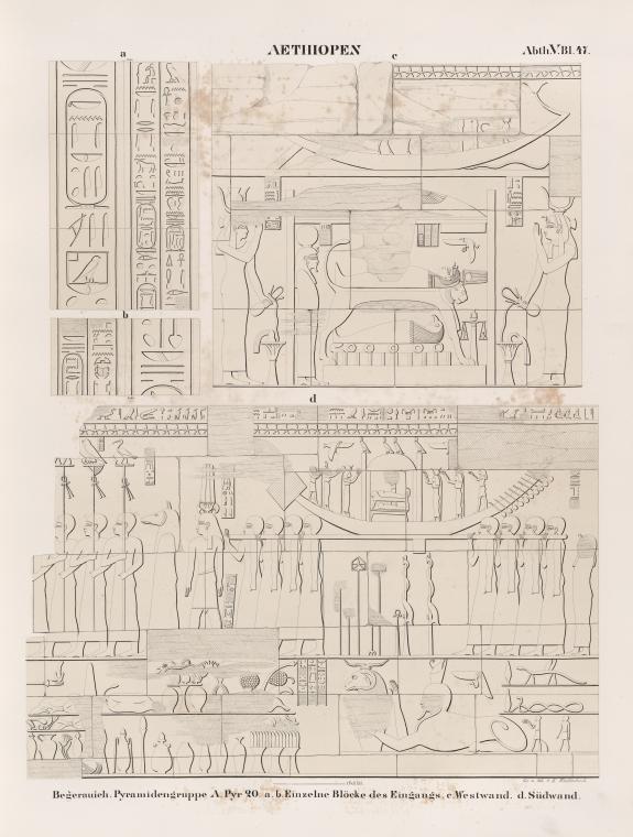Aethiopen. Begerauîeh [Begrawiya]. Pyramidengruppe A. Pyr. 20: a.b. Einzelne Blöcke des Eingangs; c. Westwand; d. Südwand.
