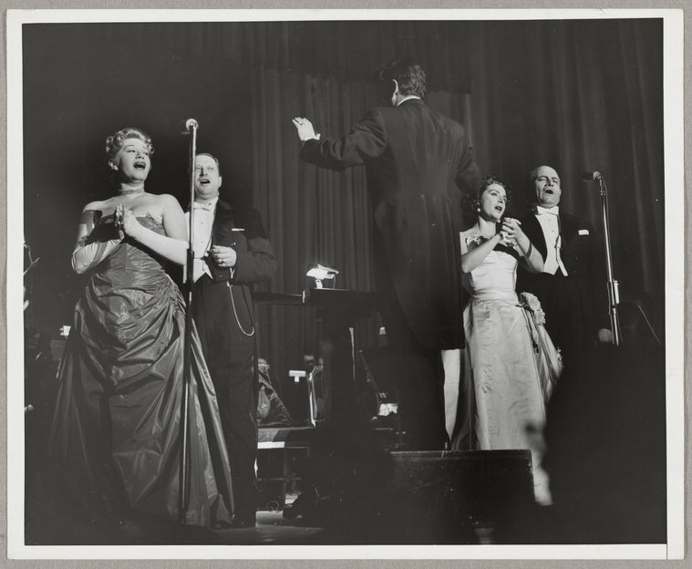 Regina Resnik (left) performing Verdi's Rigoletto quartet with tenor Mimi Benzell and Leonard Warren at Ebbets Field