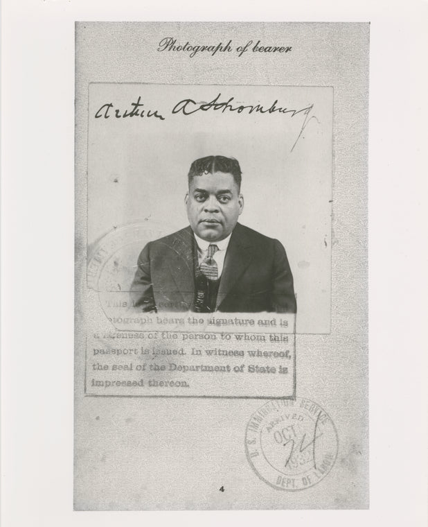Portrait of Arthur Alfonso Schomburg from his United States passport, issued 1926
