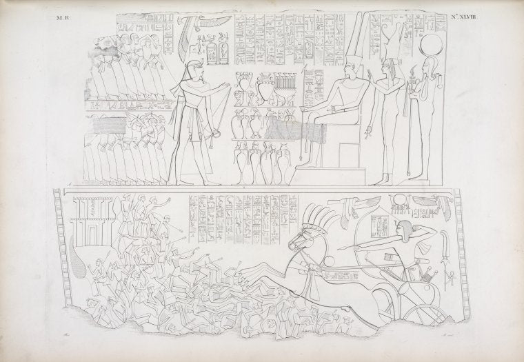 Il re viene a offrire ad Amon-rê [Amon], Mut e Chons [Khonsu] i prodotti della vittoria. -- Assale col carro e saetta una massa di nemici.