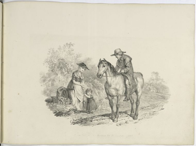 Man on horseback speaking to a woman and child by the roadside.