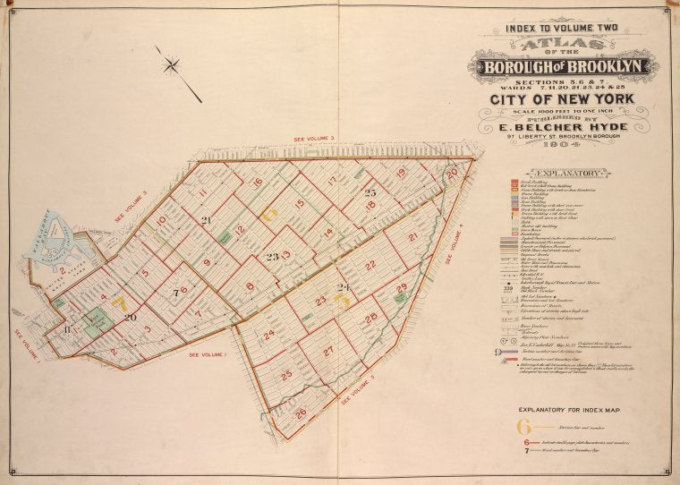 Index to Volume Two. Atlas of the Borough of Brooklyn Sections 5, 6 & 7. Wards 7, 11, 20, 21, 23, 24 & 25. City of New York. Published by E. Belcher Hyde, 97 Liberty St., Brooklyn Borough. 1904.