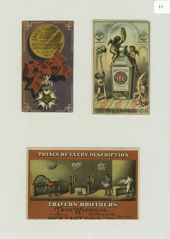 Trade cards depicting pickles, angels, medals, twine and twine production; addresses include 104 Duane Street.