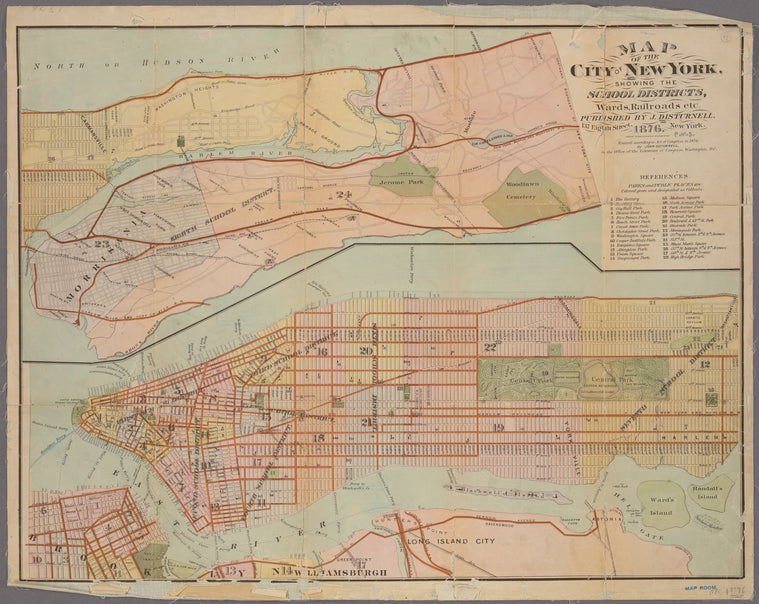 Map of the city of New York showing the school districts, wards, railroads, etc / John Disturnell