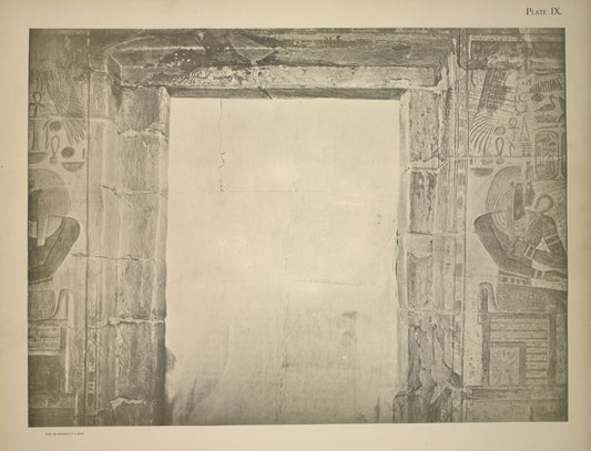 On the farther side of the main doorway we have a repetition of the last plate. Thothmes IV [Thutmose IV] sits on the raised throne, holding the the ... sceptre ...