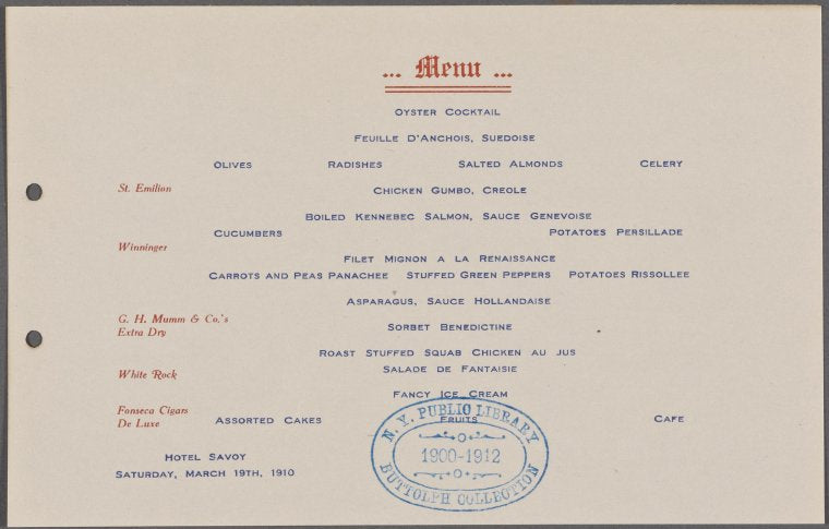 Hotel Savoy, menu.