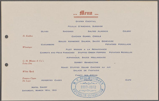 Hotel Savoy, menu.