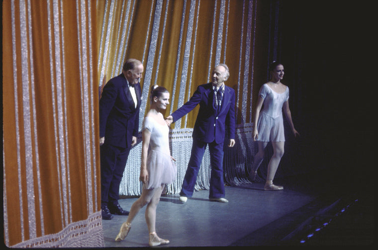 New York City Ballet George Balanchine takes a bow with conductor Robert Irving, Karin von Aroldingen and Colleen Neary after the Premiere of "Kammermusik No. 2", choreography by George Balanchine (New York)