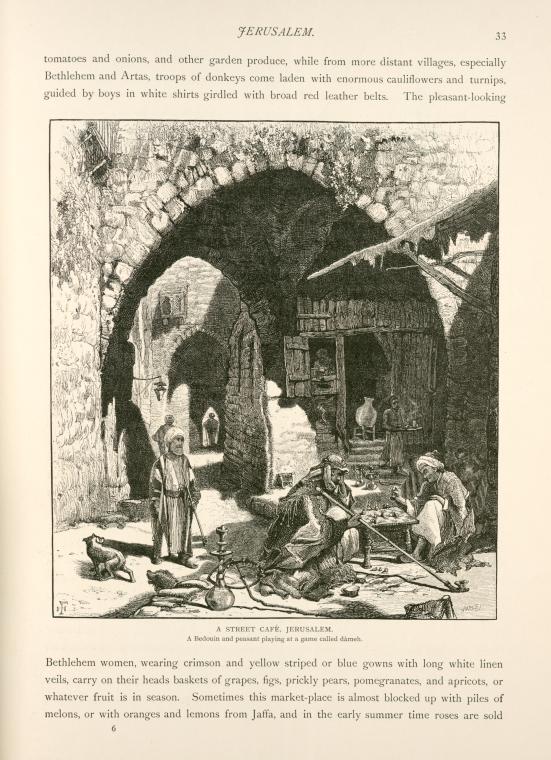 A street café, Jerusalem, a Bedouin and peasant playing at a game called dámeh