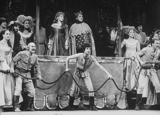 (C) Actors Richard Burton and Christine Ebersole with others in a scene from the Lincoln Center revival of the musical "Camelot.".