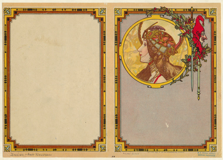 Art nouveau design of a woman's profile, a joker, and a sword