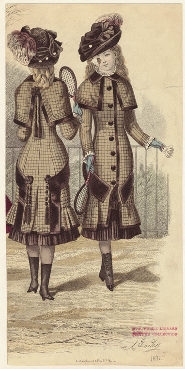 Women in hats holding tennis rackets, France, 1870s