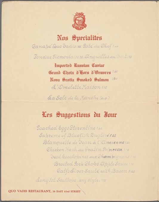 Lunch menu, Quo Vadis Restaurant
