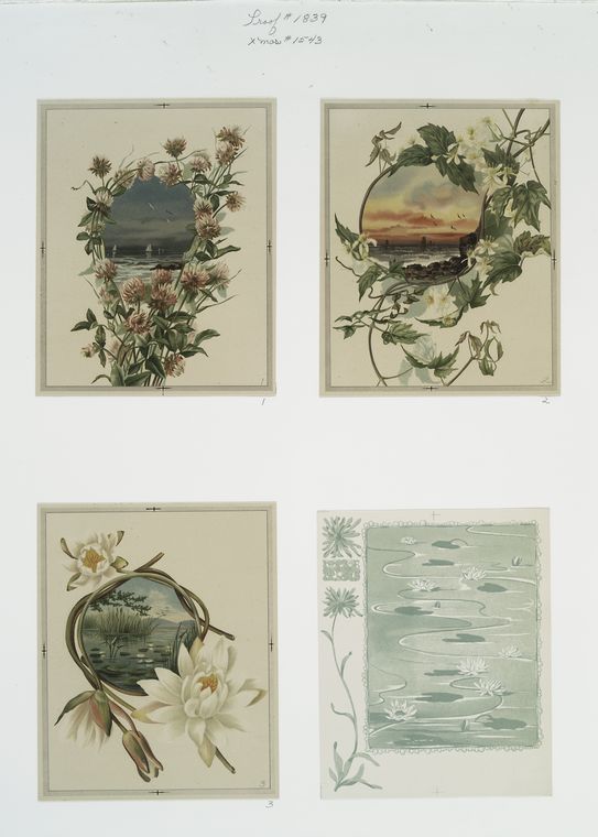 Christmas cards depicting the ocean with botanical ornamentation.