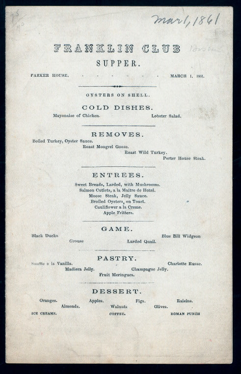 SUPPER [held by] FRANKLIN CLUB [at] "PARKER HOUSE, BOSTON,MA" (HOT.)