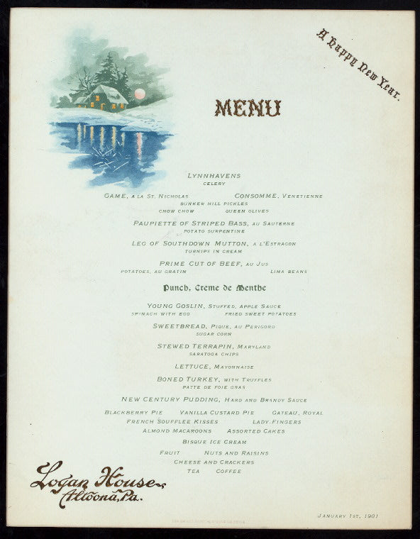 NEW YEARS DAY DINNER [held by] LOGAN HOUSE [at] "ALTOONA, PA" (HOTEL;)