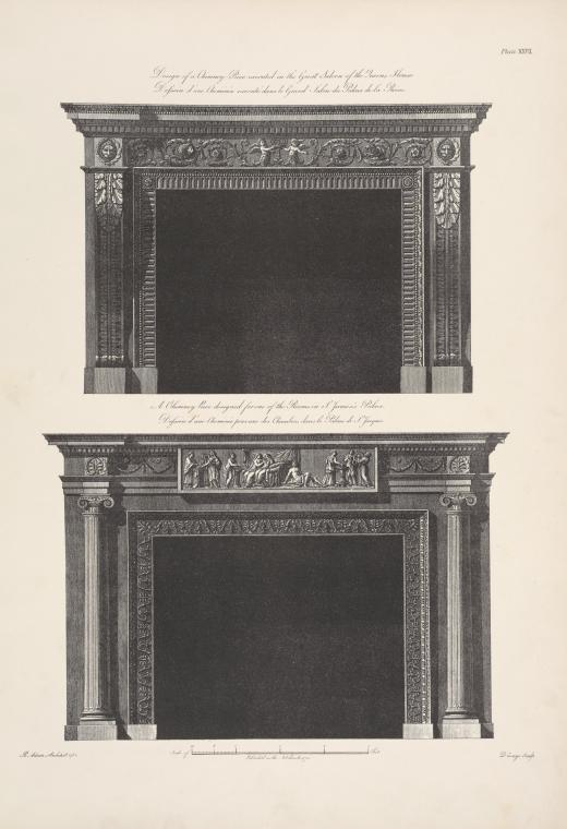 Chimney-piece in a room called the "japanned room" in the queen's house, and a design for a chimney-piece in St. James's palace.