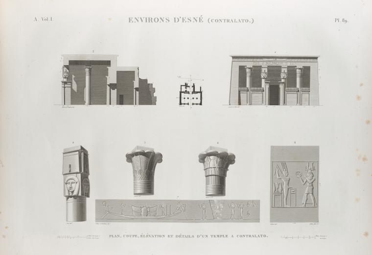 Environs d'Esné [Isnâ] (Contralato [Contra-Latopolis]). Plan, coupe, élévation et détails d'un temple à Contralato.