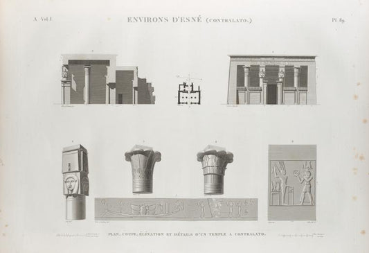 Environs d'Esné [Isnâ] (Contralato [Contra-Latopolis]). Plan, coupe, élévation et détails d'un temple à Contralato.