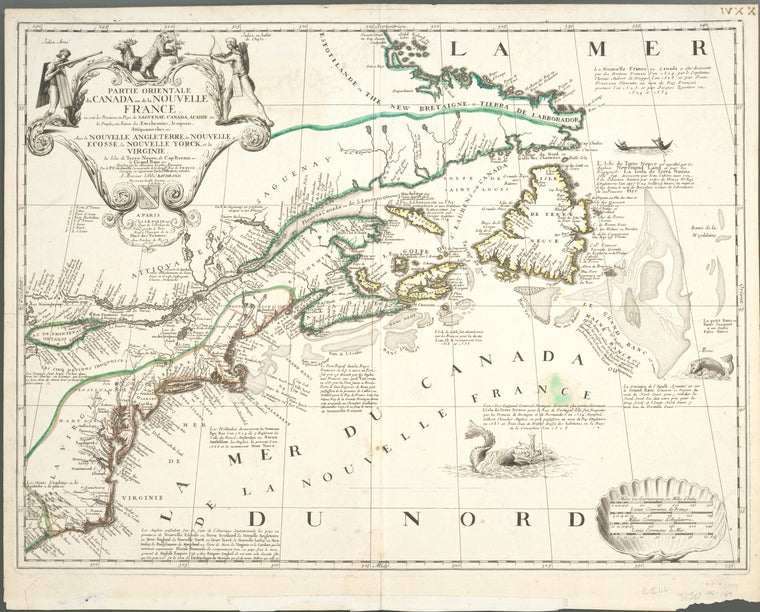 Partie orientale du Canada ou de la Nouvelle France : ou sont les  provinces, ou pays de Sagvenay, Canada, Acadie ... auec la NouvelleAngleterre, La Nouvelle Ecosse, la Nouvelle Yorck, et la Virginie ...