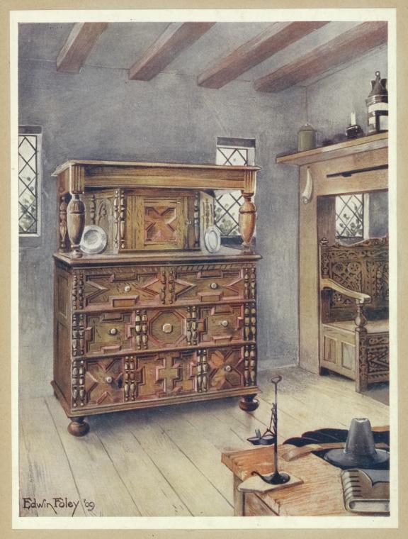 The Putnam cupboard of English oak and cedar. Presented to the Essex Institute, Salem, by Miss Harriet Putnam Fowler. Carved settle of American Oak. Found in a stable at Barrington, Massachusetts. Now in Bulkeley collection.